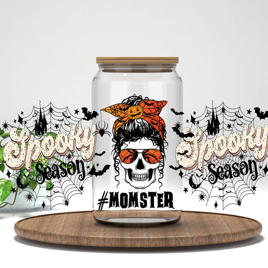 Spooky Season Momster UV DTF full wrap on a clear glass can