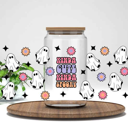 Kinda Cute Kinda Spooky UV DTF full wrap on a clear glass can