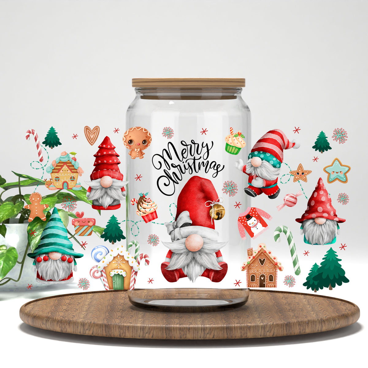 Merry Christmas Gnomes UV DTF wrap on a clear glass can