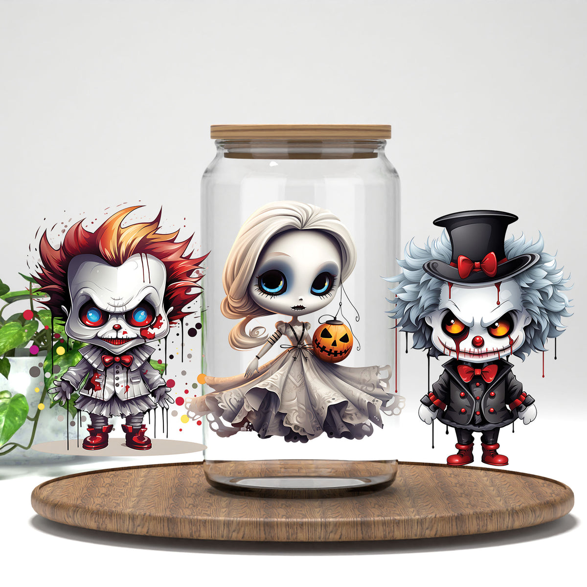 Scary Creatures UV DTF full wrap on a clear glass can