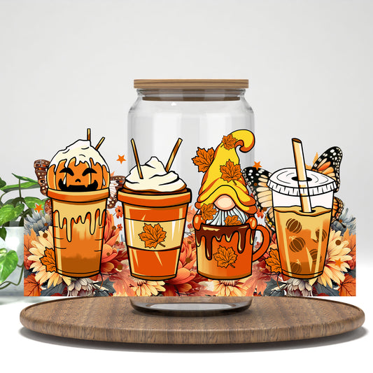 Fall Coffee Gnome UV DTF full wrap on a clear glass can