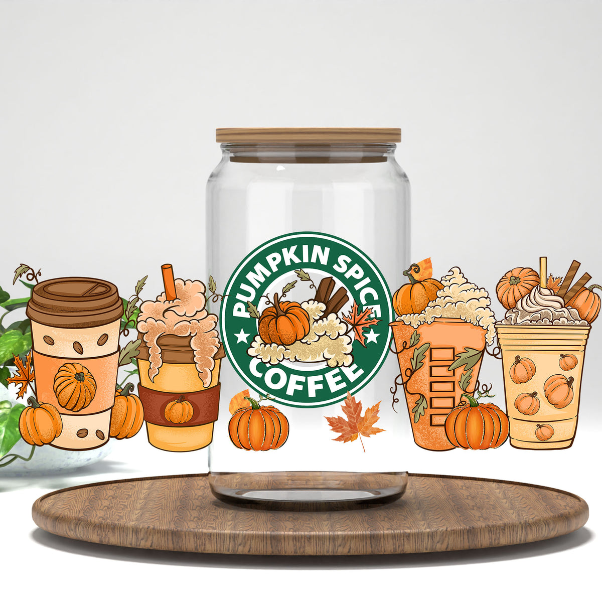 Pumpkin Spice Coffee UV DTF full wrap on a clear glass can