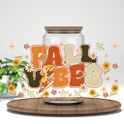 Fall Vibes UV DTF full wrap on a clear glass can