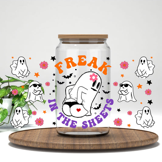 Freak in the Sheets UV DTF wrap on a clear glass can