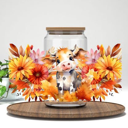 Floral Cow UV DTF full wrap on a clear glass can