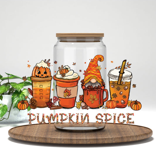 Pumpkin Spice UV DTF wrap on a clear glass can