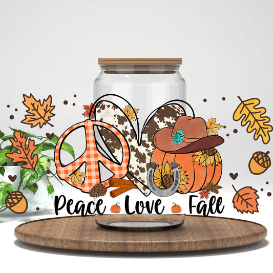 Peace Love Fall UV DTF full wrap on a clear glass can