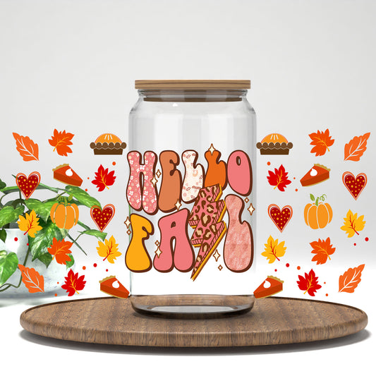 Hello Fall leopard letters, pies, and pumpkins UV DTF full wrap on a clear glass can