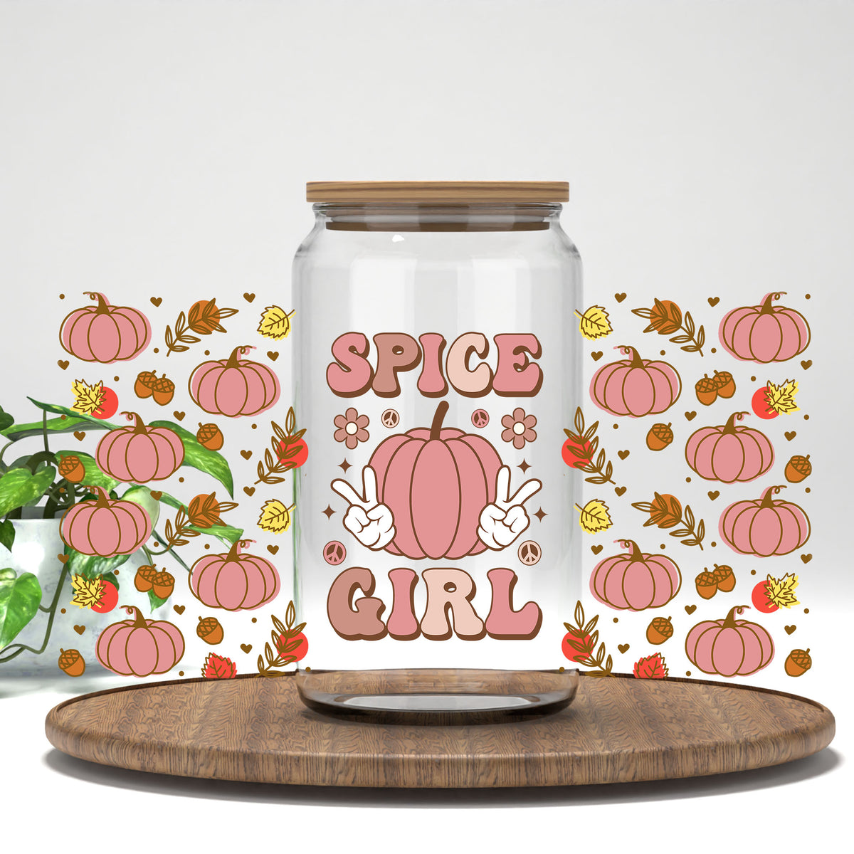 Spice Girl UV DTF wrap on a clear glass can