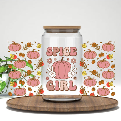 Spice Girl UV DTF wrap on a clear glass can