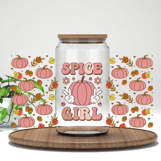 Spice Girl UV DTF wrap on a clear glass can