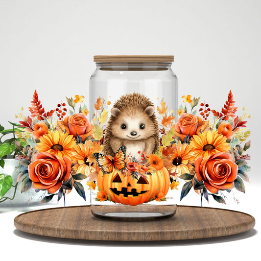 Fall Hedgehog UV DTF full wrap on a clear glass can