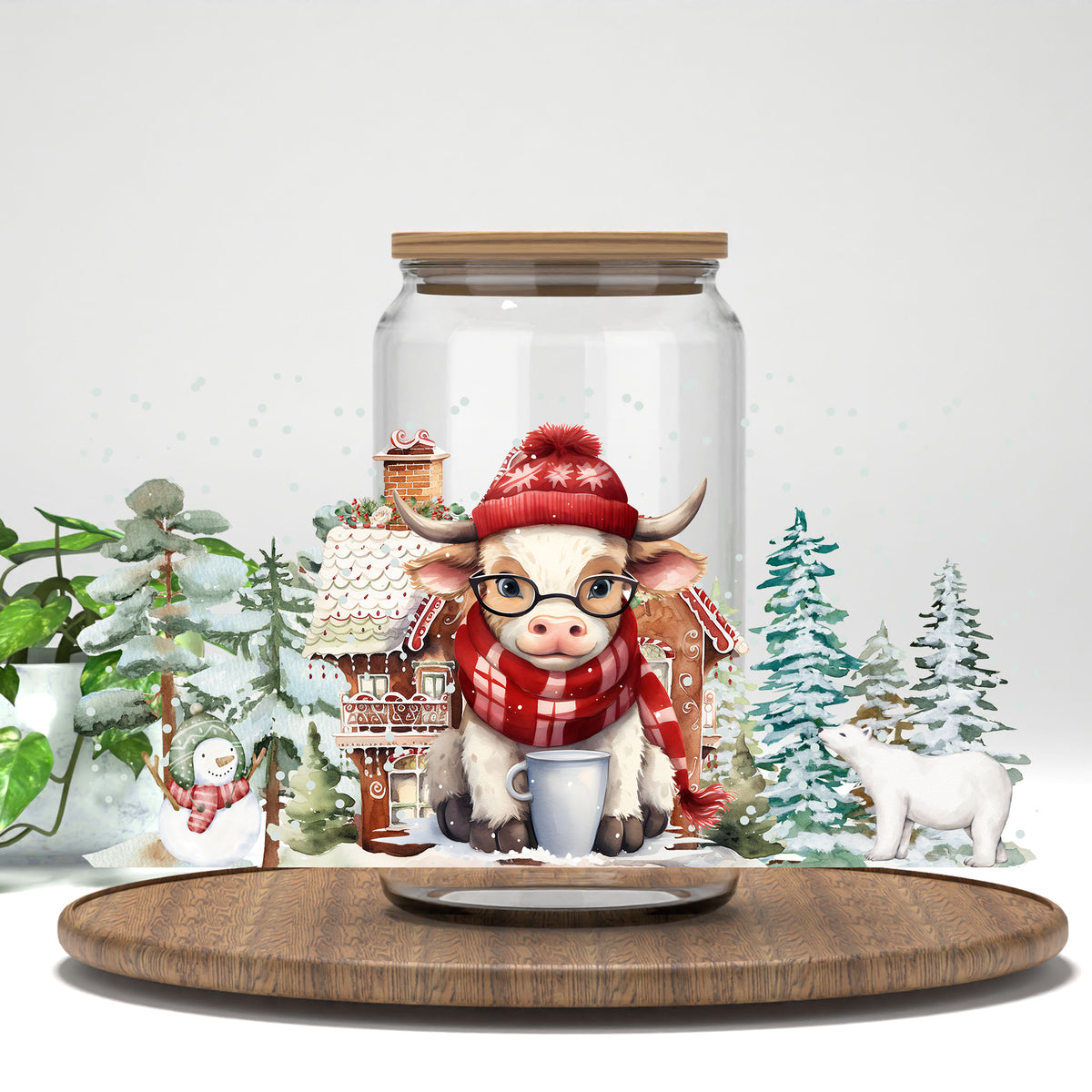 Christmas Highland Cow UV DTF full wrap on a clear glass can