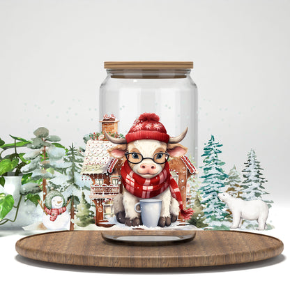 Christmas Highland Cow UV DTF full wrap on a clear glass can