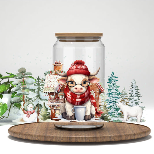 Christmas Highland Cow UV DTF full wrap on a clear glass can