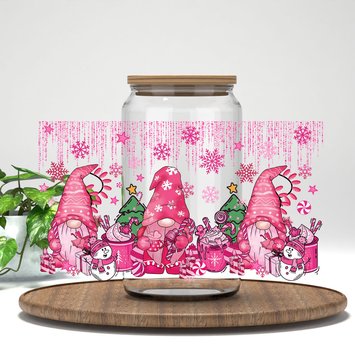 Pink Christmas Gnomes UV DTF full wrap on a clear glass can