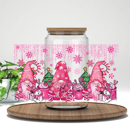 Pink Christmas Gnomes UV DTF full wrap on a clear glass can