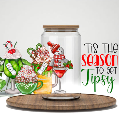 Tis the Season to Get Tipsy UV DTF wrap on a clear glass can