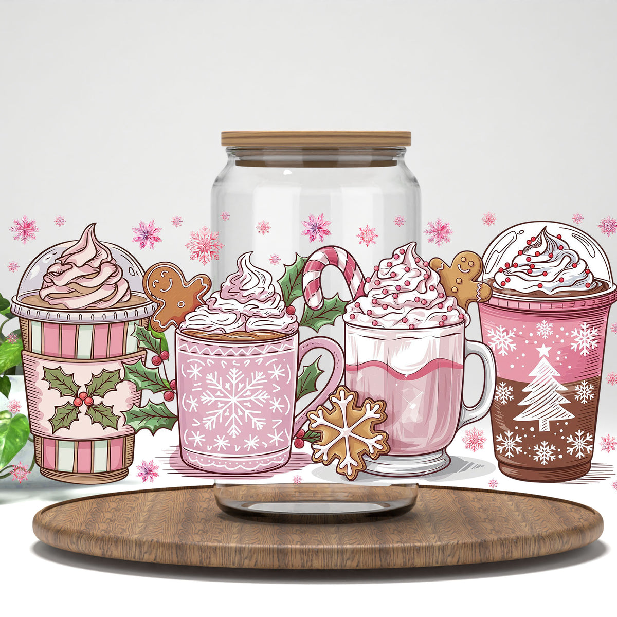 Pink Christmas Cocoa UV DTF full wrap on a clear glass can