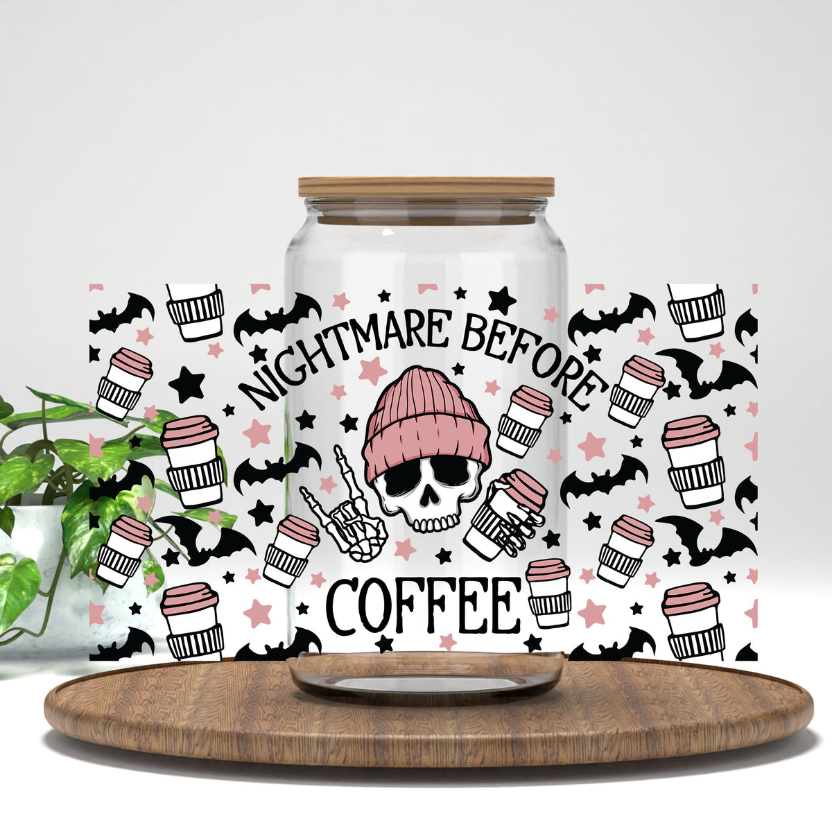 Nightmare Before Coffee UV DTF full wrap on a clear glass can