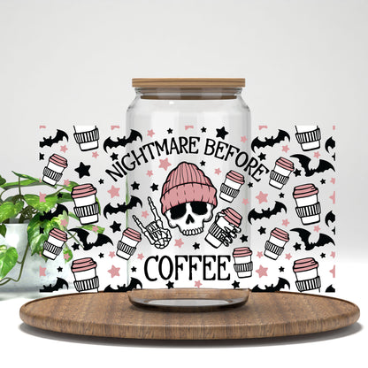 Nightmare Before Coffee UV DTF full wrap on a clear glass can