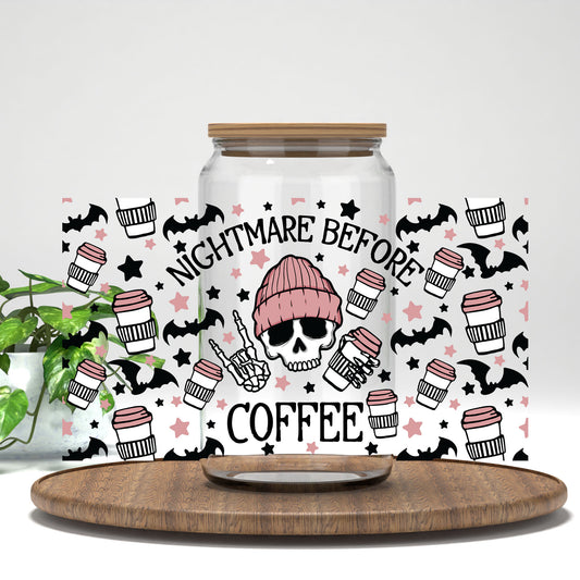 Nightmare Before Coffee UV DTF full wrap on a clear glass can