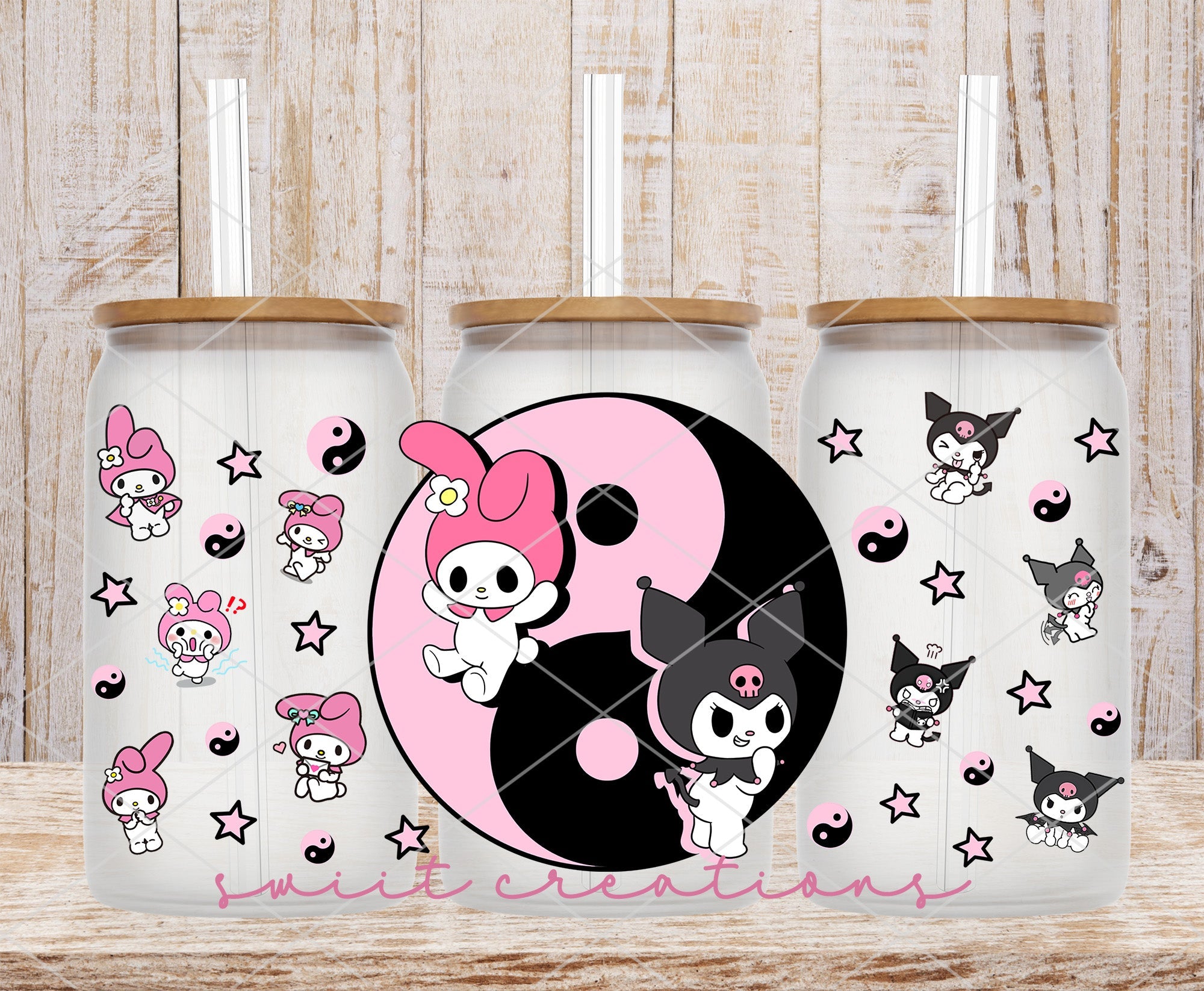 Kitty Yin Yang UV DTF Libbey Glass Cup Tumbler Wrap | DTF199P