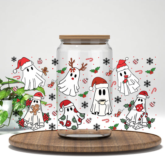 Christmas Ghosts UV DTF full wrap on a clear glass can