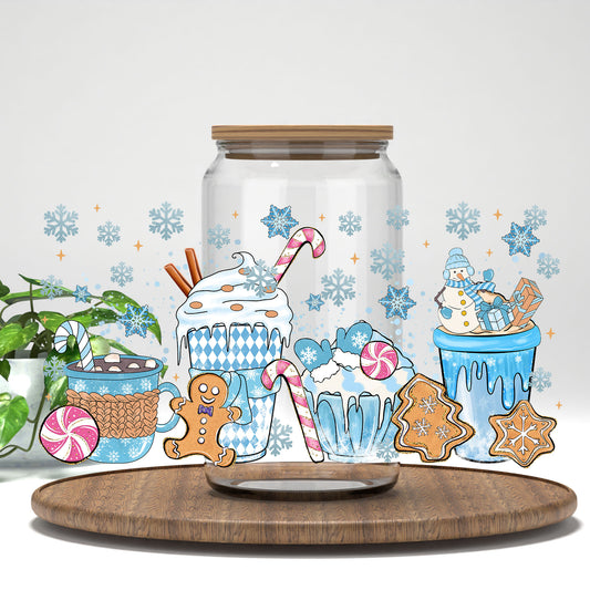 Blue Christmas Cocoa UV DTF wrap on a clear glass can