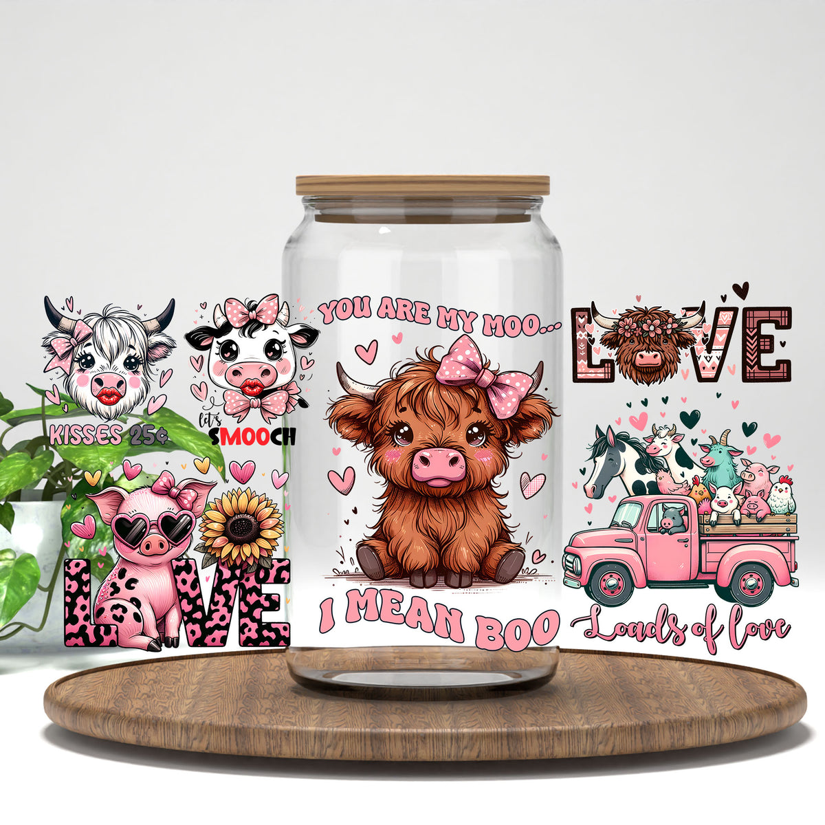 Farm Valentine UV DTF full wrap on a clear glass can