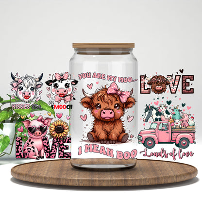 Farm Valentine UV DTF full wrap on a clear glass can