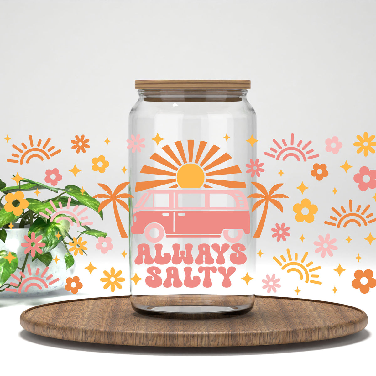 Always Salty UV DTF full wrap on a clear glass can
