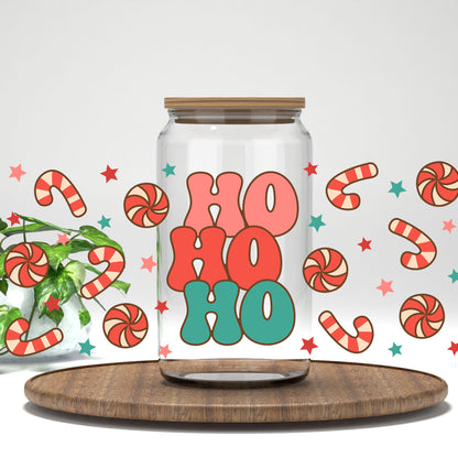 Ho Ho Ho UV DTF full wrap on a clear glass can