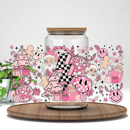 Pink Retro Christmas UV DTF wrap on a clear glass can