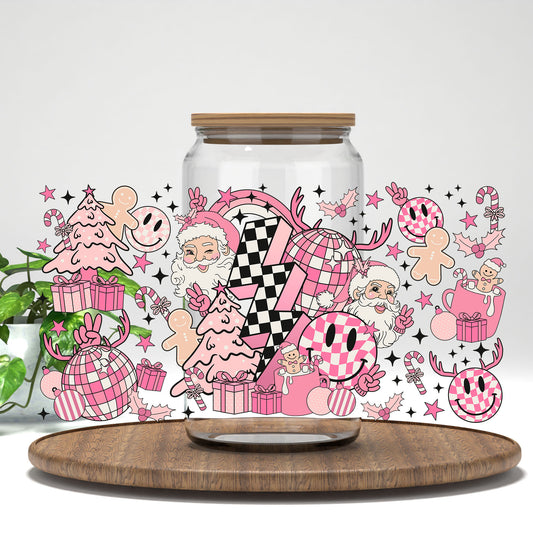 Pink Retro Christmas UV DTF wrap on a clear glass can