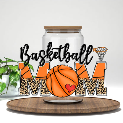 Basketball Mom UV DTF wrap on a clear glass can