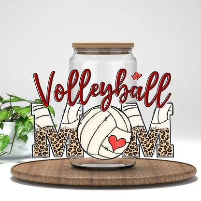 Volleyball Mom UV DTF wrap on a clear glass can