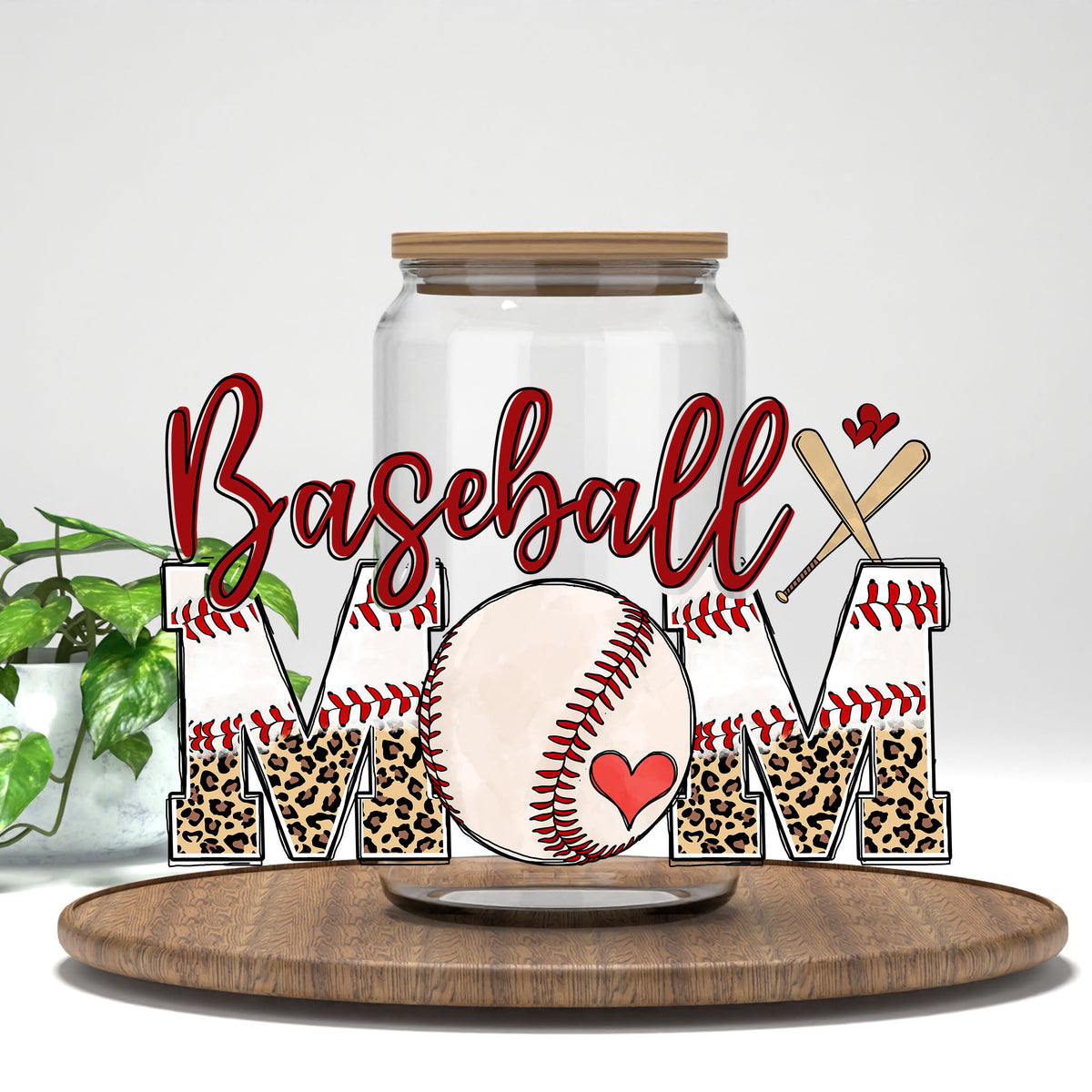 Baseball Mom UV DTF wrap on a clear glass can
