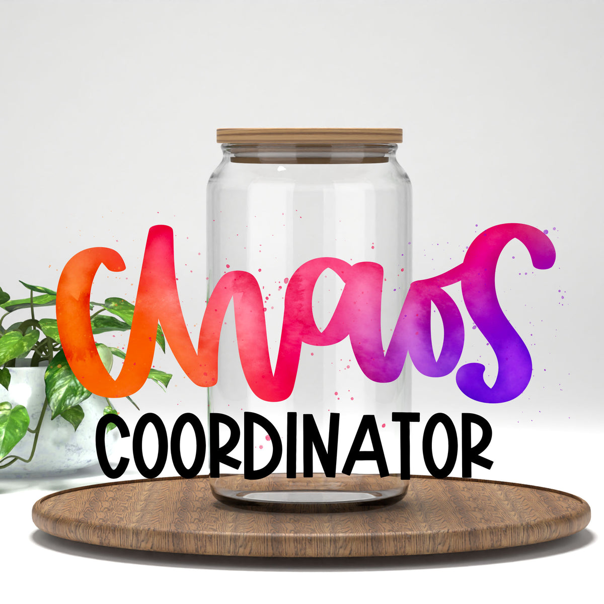 Chaos Coordinator UV DTF wrap on a clear glass can