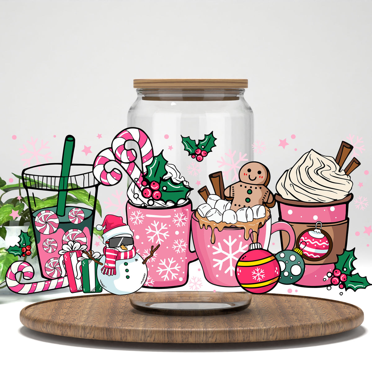 Pink Christmas Drinks UV DTF full wrap on a clear glass can