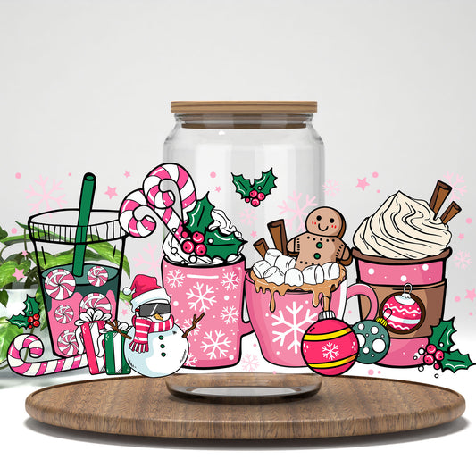 Pink Christmas Drinks UV DTF full wrap on a clear glass can