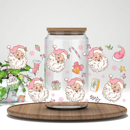Pink Vintage Santa UV DTF full wrap on a clear glass can