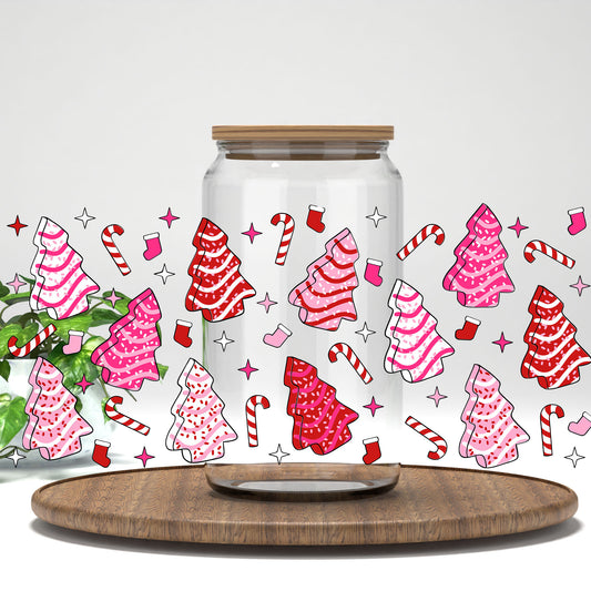 Pink Christmas Tree Cakes UV DTF full wrap on a clear glass can
