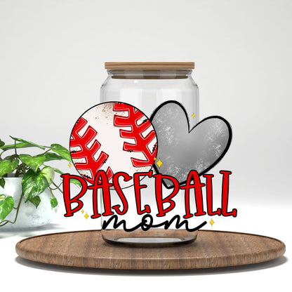 Baseball Mom baseball and gray heart UV DTF wrap on a clear glass can