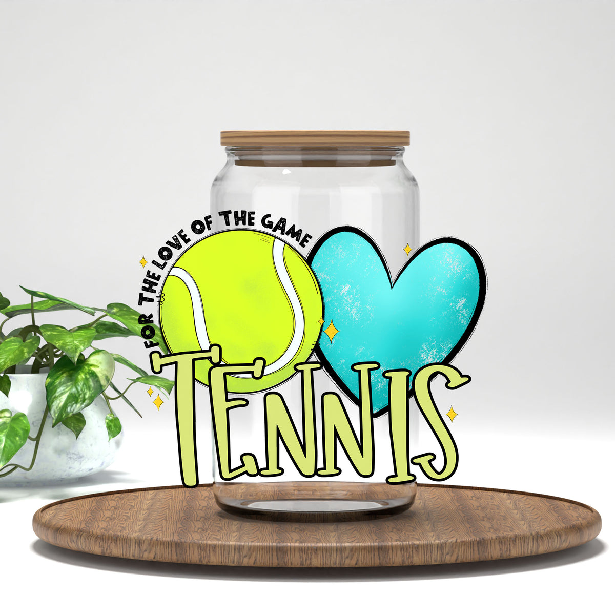 Tennis love of the game lime green UV DTF wrap on a clear glass can