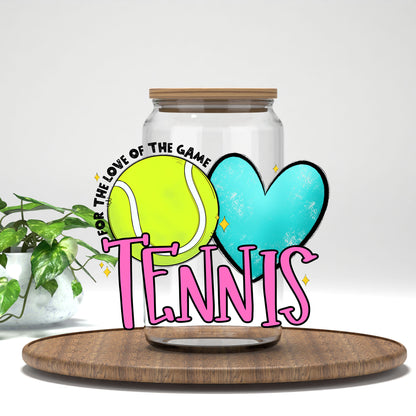 Tennis love of the game pink UV DTF wrap on a clear glass can