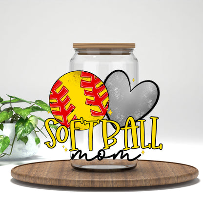 Softball Mom softball and gray heart UV DTF wrap on a clear glass can