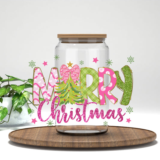 Merry Christmas Coquette Bow UV DTF wrap on a clear glass can