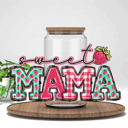 Sweet Mama UV DTF wrap on a clear glass can