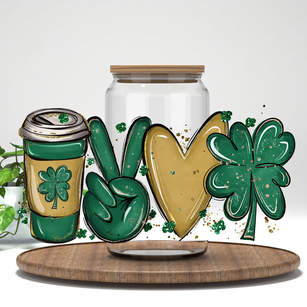 Peace Love Coffee UV DTF wrap on a clear glass can